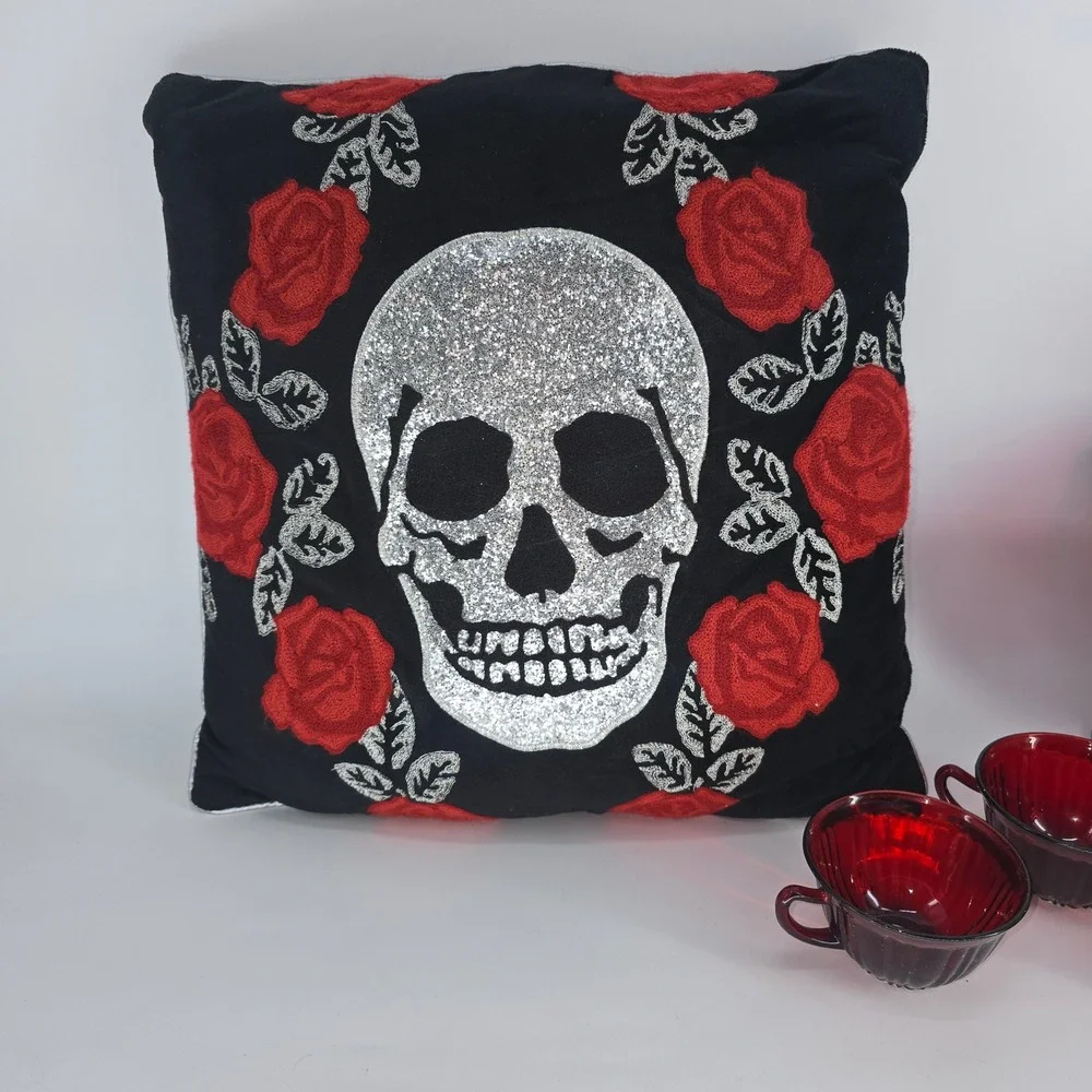 Crimson Gate Gothic Glitter Skull & Rose Embroidered Black Throw Pillow 18x18